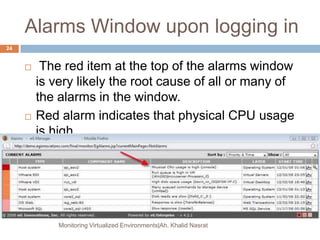 Alarms Window upon logging in
 The red item at the top of the alarms window
is very likely the root cause of all or many of
the alarms in the window.
 Red alarm indicates that physical CPU usage
is high
Monitoring Virtualized Environments|Ah. Khalid Nasrat
24
 