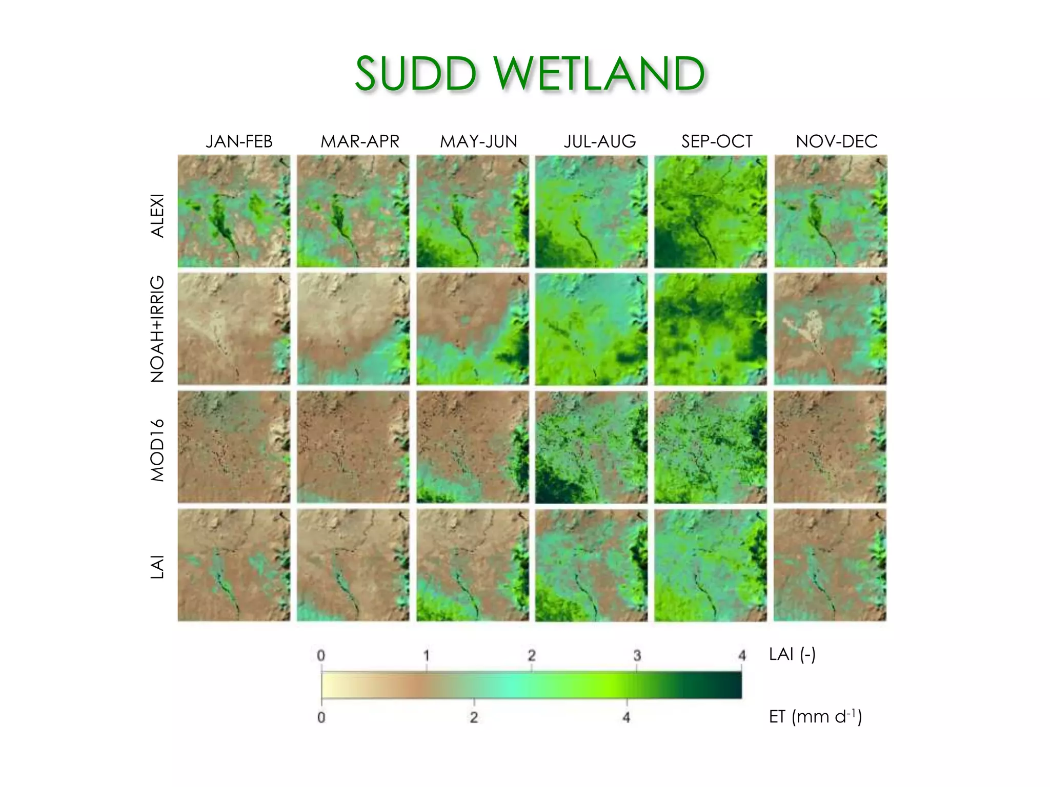JAN-FEB MAR-APR MAY-JUN JUL-AUG SEP-OCT NOV-DEC
ALEXIMOD16LAI
LAI (-)
ET (mm d-1)
SUDD WETLAND
NOAH+IRRIG
 
