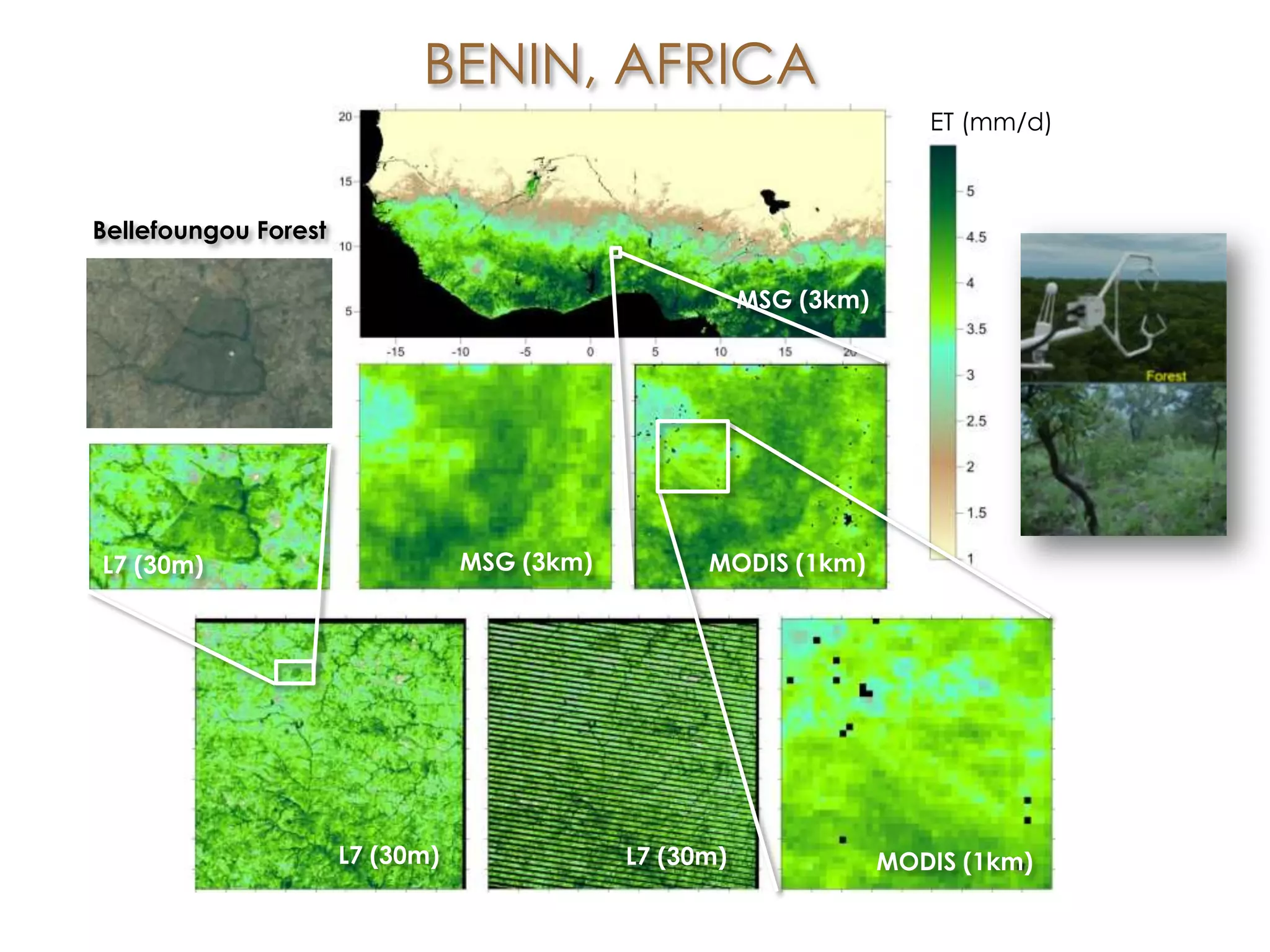 MSG (3km)
MSG (3km)
MODIS (1km)
MODIS (1km)L7 (30m)L7 (30m)
L7 (30m)
Bellefoungou Forest
BENIN, AFRICA
ET (mm/d)
 