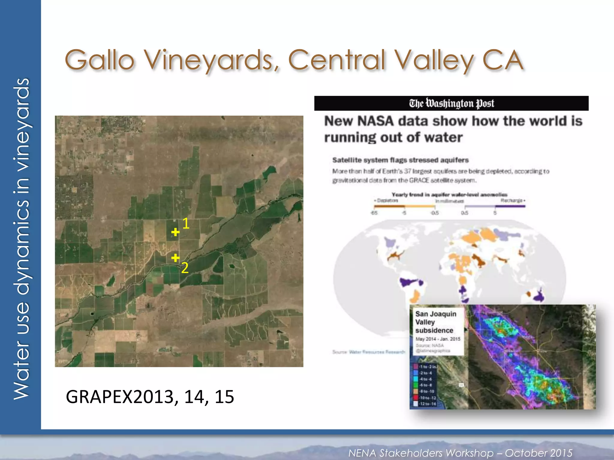 Waterusedynamicsinvineyards
Gallo Vineyards, Central Valley CA
1
2
GRAPEX2013, 14, 15
NENA Stakeholders Workshop – October 2015
 