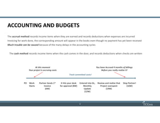 12
1212
ACCOUNTING AND BUDGETS
The accrual method records income items when they are earned and records deductions when expenses are incurred
Invoicing for work done, the corresponding amount will appear in the books even though no payment has yet been received
Much trouble can be caused because of the many delays in the accounting cycles
The cash method records income items when the cash comes in the door, and records deductions when checks are written
PO Work
Starts
At this moment
Your project is accruing costs
Partner Sends 1st
Invoice
(6W)
It hits your desk
for approval (8W)
Entered into GL,
Monthly
Update
(12W)
Review and realize that
Project overspent
(14W)
Stop Partner!
(16W)
You have Accrued 4 months of billings
Before you really realize it!
Track committed costs!
 