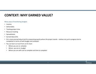 5
55
CONTEXT: WHY EARNED VALUE?
Many ways of monitoring budgets
• Invoices
• Deliverables
• Tracking project time
• Resource tracking
• Spreadsheets
• Earned Value (EV)
• EV is most precise/robust tool for pinpointing exactly where the project stands – relative not just to progress but to
completion in terms of both budget and schedule!
• You can learn so much from an EV chart
• Where you are re: schedule
• Where you are re: budget
• Where you are with cost to complete and time to complete!
 