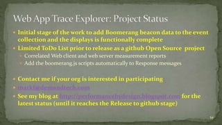  Initial stage of the work to add Boomerang beacon data to the event 
collection and the displays is functionally complete 
 Limited ToDo List prior to release as a github Open Source project 
 Correlated Web client and web server measurement reports 
 Add the boomerang.js scripts automatically to Response messages 
 Contact me if your org is interested in participating 
 markf@demandtech.com 
 See my blog at http://performancebydesign.blogspot.comfor the 
latest status (until it reaches the Release to github stage) 
54 
 