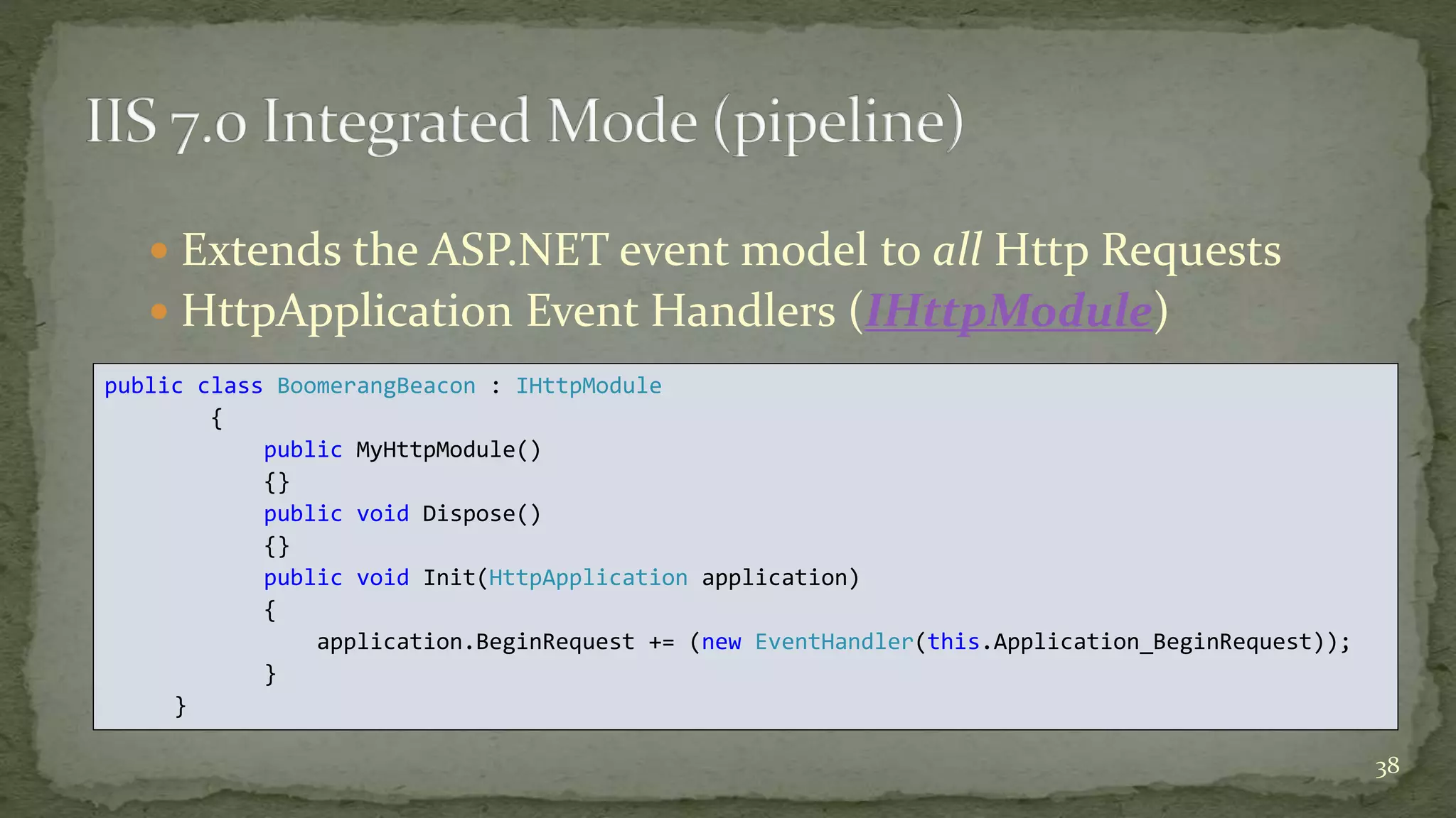  Extends the ASP.NET event model to all Http Requests 
 HttpApplication Event Handlers (IHttpModule) 
38 
public class BoomerangBeacon : IHttpModule 
{ 
public MyHttpModule() 
{} 
public void Dispose() 
{} 
public void Init(HttpApplication application) 
{ 
application.BeginRequest += (new EventHandler(this.Application_BeginRequest)); 
} 
} 
 