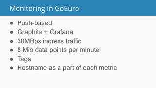 Monitoring in GoEuro
● Push-based
● Graphite + Grafana
● 30MBps ingress traffic
● 8 Mio data points per minute
● Tags
● Hostname as a part of each metric
 