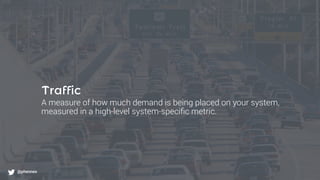 What to monitor?
@phennex
Traffic
A measure of how much demand is being placed on your system,
measured in a high-level system-speciﬁc metric.
@phennex
 