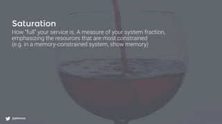 What to monitor?
@phennex
Saturation
How “full” your service is. A measure of your system fraction,
emphasizing the resources that are most constrained
(e.g. in a memory-constrained system, show memory)
@phennex
 