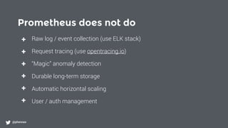 Prometheus does not do
@phennex
+
+
+
+
+
+
Raw log / event collection (use ELK stack)
Request tracing (use opentracing.io)
“Magic” anomaly detection
Durable long-term storage
Automatic horizontal scaling
User / auth management
 