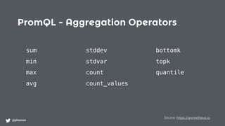 PromQL - Aggregation Operators
@phennex
sum stddev bottomk
min stdvar topk
max count quantile
avg count_values
Source: https://prometheus.io
 