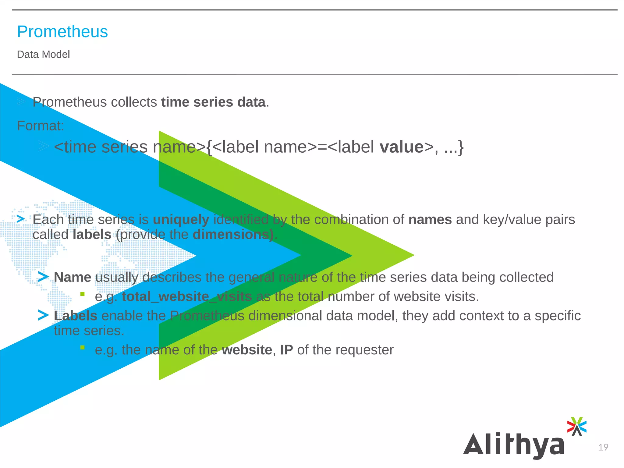 Prometheus
Data Model
19
Prometheus collects time series data.
Format:
<time series name>{<label name>=<label value>, ...}
Each time series is uniquely identified by the combination of names and key/value pairs
called labels (provide the dimensions).
Name usually describes the general nature of the time series data being collected
 e.g. total_website_visits as the total number of website visits.
Labels enable the Prometheus dimensional data model, they add context to a specific
time series.
 e.g. the name of the website, IP of the requester
 
