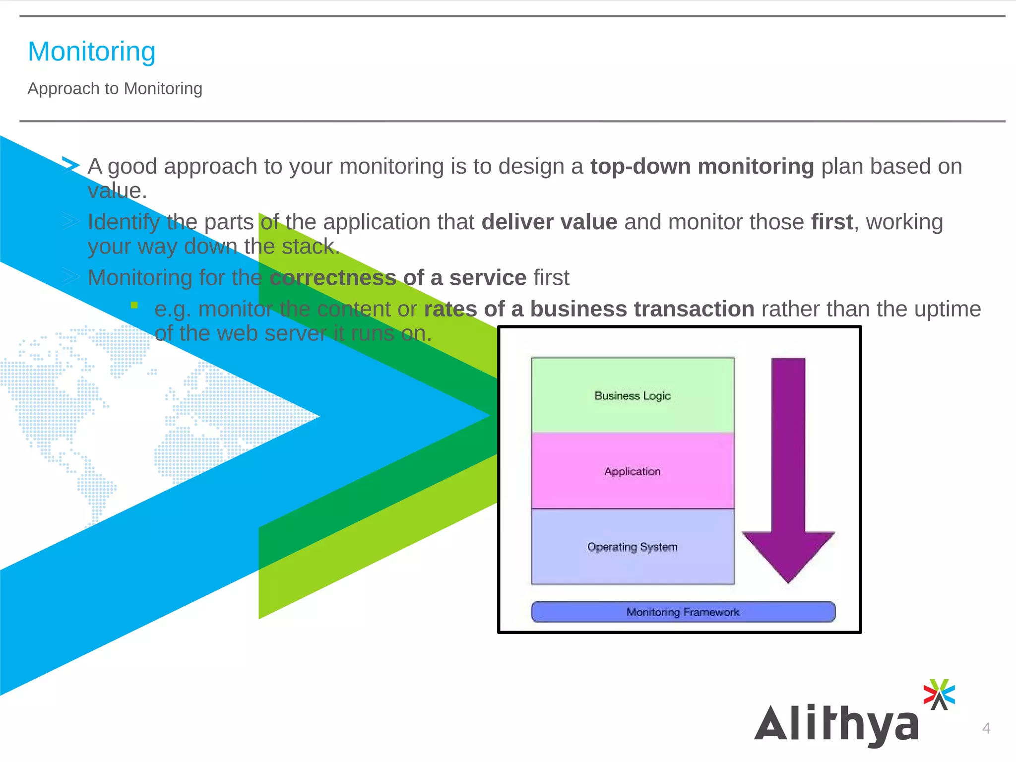 Monitoring
Approach to Monitoring
4
A good approach to your monitoring is to design a top-down monitoring plan based on
value.
Identify the parts of the application that deliver value and monitor those first, working
your way down the stack.
Monitoring for the correctness of a service first
 e.g. monitor the content or rates of a business transaction rather than the uptime
of the web server it runs on.
 