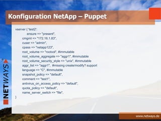 www.netways.de
vserver { 'test2':
ensure => "present",
cmgmt => "172.16.1.83",
cuser => "admin",
cpass => "netapp123",
root_volume => "rootvol", #immutable
root_volume_aggregate => "aggr1", #immutable
root_volume_security_style => "unix", #immutable
aggr_list => "aggr1", #missing create/modify? support
language => "C", #immutable
snapshot_policy => "default",
comment => "test1",
antivirus_on_access_policy => "default",
quota_policy => "default",
name_server_switch => "file",
}
Konfiguration NetApp – Puppet
 