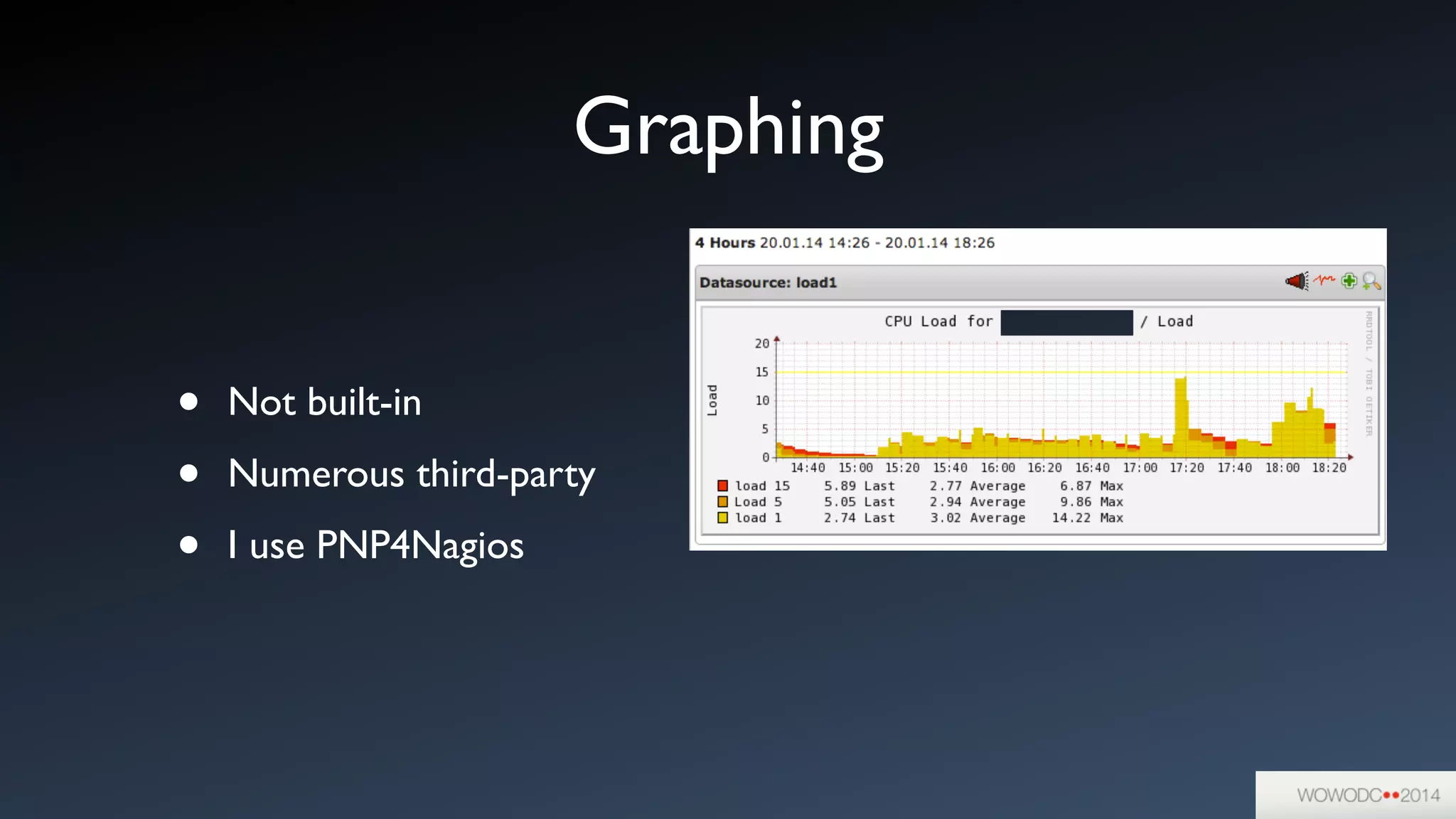 Graphing
• Not built-in	

• Numerous third-party	

• I use PNP4Nagios
 