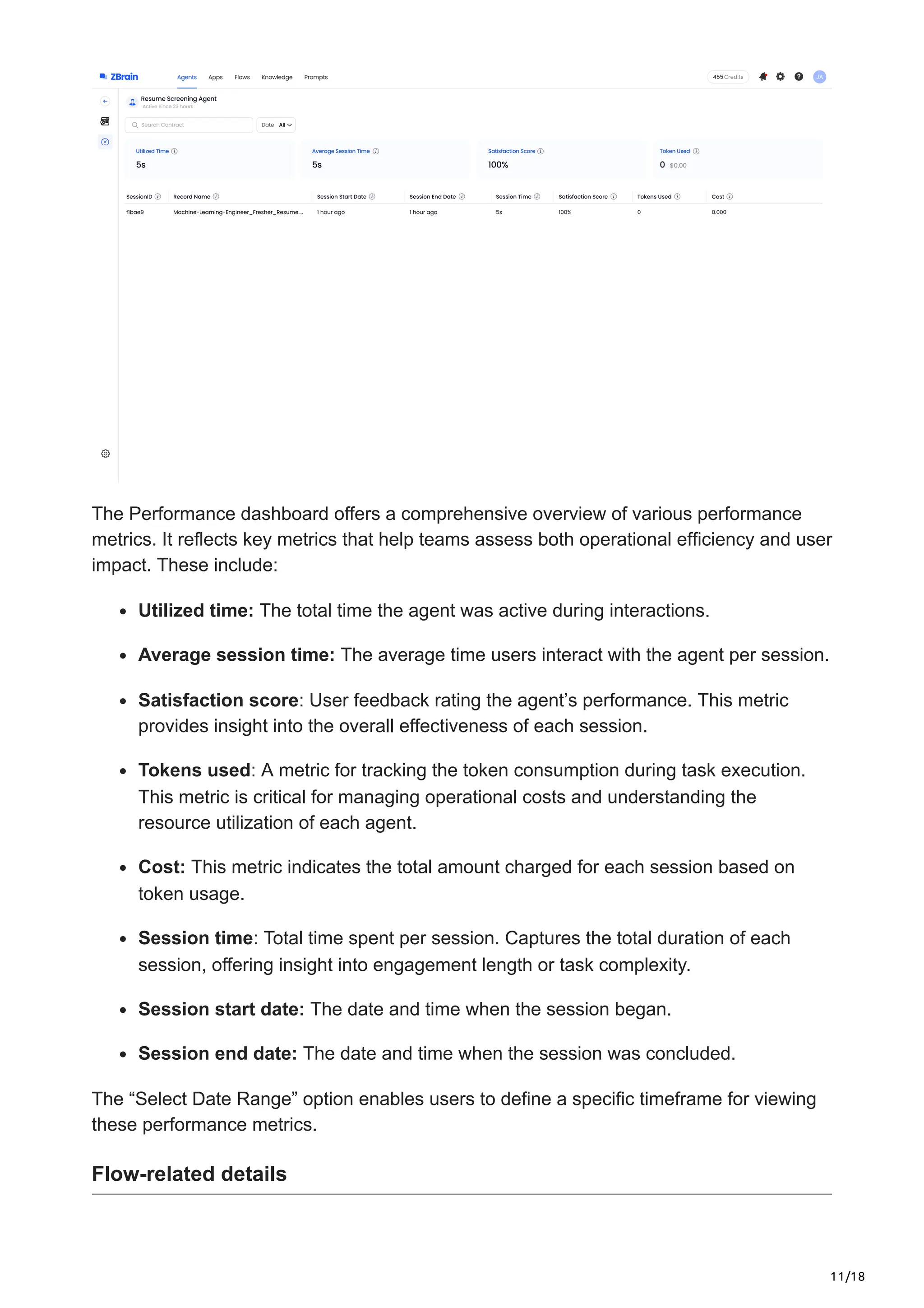 11/18
The Performance dashboard offers a comprehensive overview of various performance
metrics. It reflects key metrics that help teams assess both operational efficiency and user
impact. These include:
Utilized time: The total time the agent was active during interactions.
Average session time: The average time users interact with the agent per session.
Satisfaction score: User feedback rating the agent’s performance. This metric
provides insight into the overall effectiveness of each session.
Tokens used: A metric for tracking the token consumption during task execution.
This metric is critical for managing operational costs and understanding the
resource utilization of each agent.
Cost: This metric indicates the total amount charged for each session based on
token usage.
Session time: Total time spent per session. Captures the total duration of each
session, offering insight into engagement length or task complexity.
Session start date: The date and time when the session began.
Session end date: The date and time when the session was concluded.
The “Select Date Range” option enables users to define a specific timeframe for viewing
these performance metrics.
Flow-related details
 