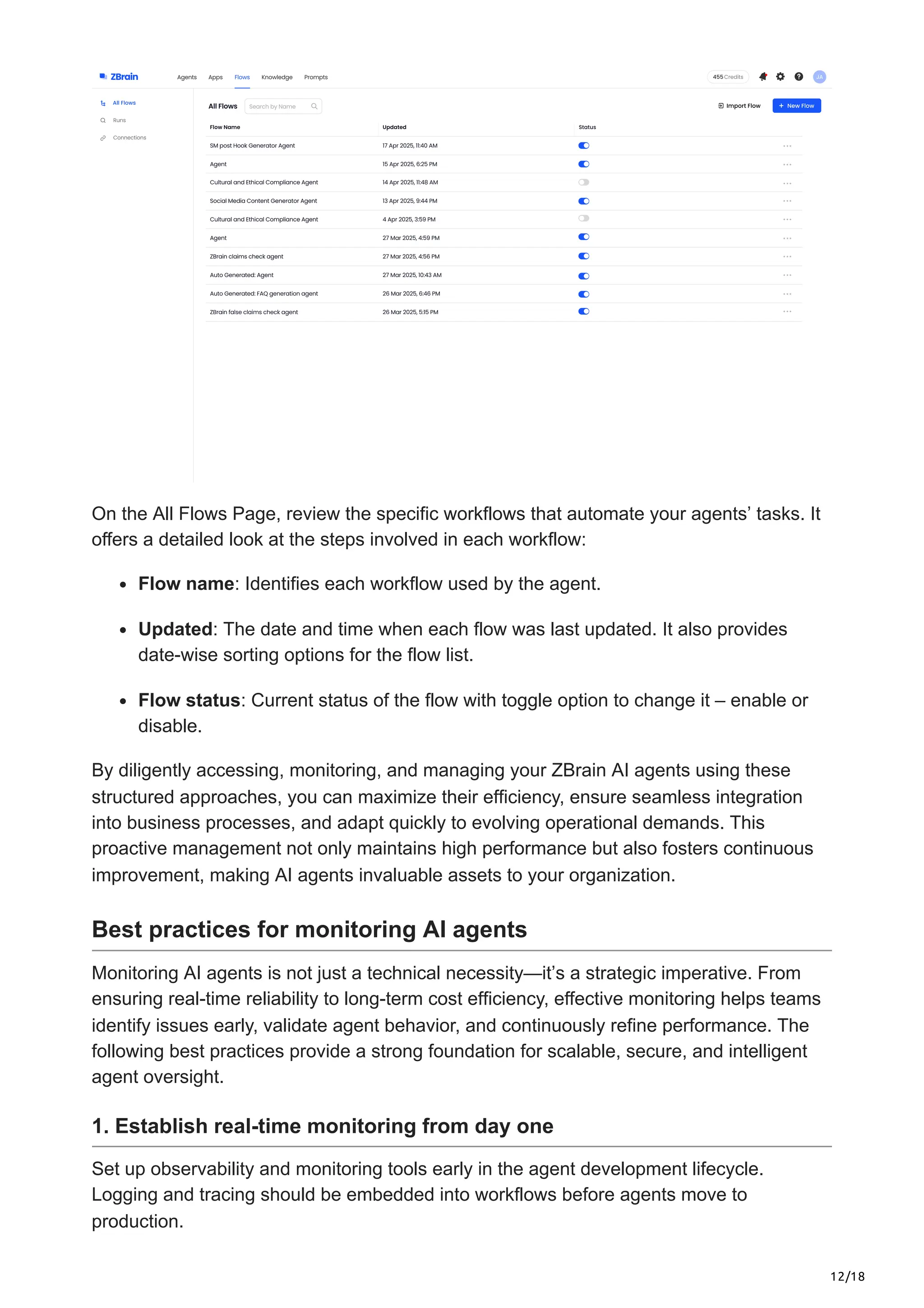 12/18
On the All Flows Page, review the specific workflows that automate your agents’ tasks. It
offers a detailed look at the steps involved in each workflow:
Flow name: Identifies each workflow used by the agent.
Updated: The date and time when each flow was last updated. It also provides
date-wise sorting options for the flow list.
Flow status: Current status of the flow with toggle option to change it – enable or
disable.
By diligently accessing, monitoring, and managing your ZBrain AI agents using these
structured approaches, you can maximize their efficiency, ensure seamless integration
into business processes, and adapt quickly to evolving operational demands. This
proactive management not only maintains high performance but also fosters continuous
improvement, making AI agents invaluable assets to your organization.
Best practices for monitoring AI agents
Monitoring AI agents is not just a technical necessity—it’s a strategic imperative. From
ensuring real-time reliability to long-term cost efficiency, effective monitoring helps teams
identify issues early, validate agent behavior, and continuously refine performance. The
following best practices provide a strong foundation for scalable, secure, and intelligent
agent oversight.
1. Establish real-time monitoring from day one
Set up observability and monitoring tools early in the agent development lifecycle.
Logging and tracing should be embedded into workflows before agents move to
production.
 