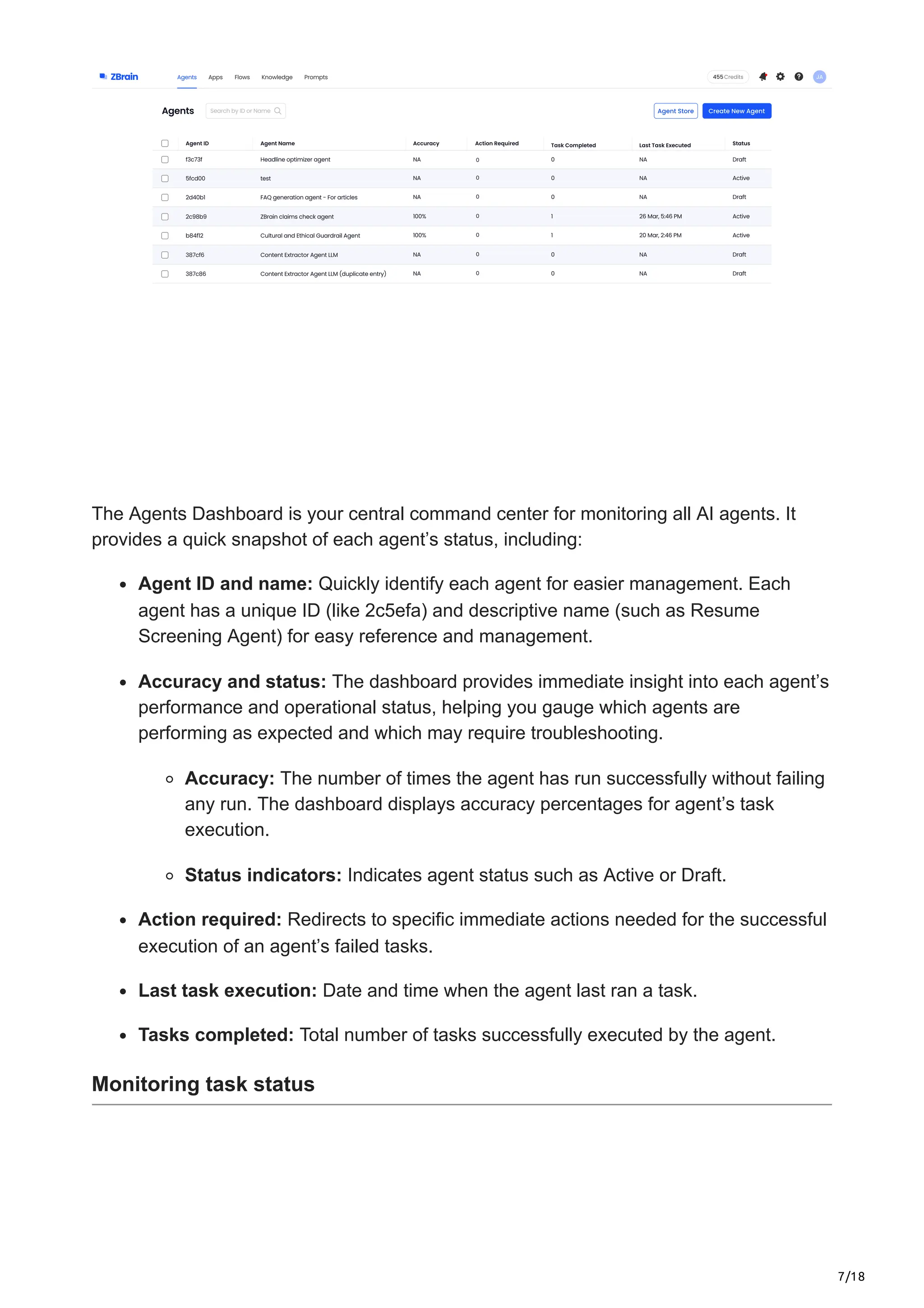 7/18
The Agents Dashboard is your central command center for monitoring all AI agents. It
provides a quick snapshot of each agent’s status, including:
Agent ID and name: Quickly identify each agent for easier management. Each
agent has a unique ID (like 2c5efa) and descriptive name (such as Resume
Screening Agent) for easy reference and management.
Accuracy and status: The dashboard provides immediate insight into each agent’s
performance and operational status, helping you gauge which agents are
performing as expected and which may require troubleshooting.
Accuracy: The number of times the agent has run successfully without failing
any run. The dashboard displays accuracy percentages for agent’s task
execution.
Status indicators: Indicates agent status such as Active or Draft.
Action required: Redirects to specific immediate actions needed for the successful
execution of an agent’s failed tasks.
Last task execution: Date and time when the agent last ran a task.
Tasks completed: Total number of tasks successfully executed by the agent.
Monitoring task status
 