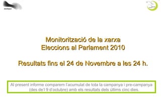Monitorització de la xarxaMonitorització de la xarxa
Eleccions al Parlament 2010Eleccions al Parlament 2010
Resultats fins el 24 de Novembre a les 24 h.Resultats fins el 24 de Novembre a les 24 h.
Al present informe comparem l’acumulat de tota la campanya i pre-campanya
(des de’l 9 d’octubre) amb els resultats dels últims cinc dies.
 
