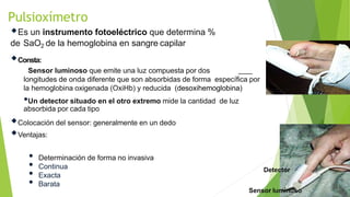 Es un instrumento fotoeléctrico que determina %
de SaO2 de la hemoglobina en sangre capilar
Consta:
Sensor luminoso que emite una luz compuesta por dos
longitudes de onda diferente que son absorbidas de forma específica por
la hemoglobina oxigenada (OxiHb) y reducida (desoxihemoglobina)
•Un detector situado en el otro extremo mide la cantidad de luz
absorbida por cada tipo
Colocación del sensor: generalmente en un dedo
Ventajas:
• Determinación de forma no invasiva
• Continua
• Exacta
• Barata
Pulsioxímetro
Sensor luminoso
Detector
 