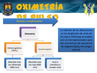 OXIMETRÍA DE PULSOTécnicas y complicacionesLa relación de las absorciones en las longitudes de onda de luz roja e infrarroja se analiza con un microprocesador para dar una lectura de saturación de oxígeno (SpO2) de sangre arterial.