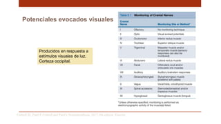 Potenciales evocados visuales
Cottrell JE, Patel P. Cottrell and Patel’s Neuroanesthesia. 2017; 6th edition. Elsevier
Producidos en respuesta a
estímulos visuales de luz.
Corteza occipital.
 