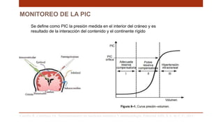 MONITOREO DE LA PIC
Carrillo R, Castelazo JA. Neuromonitoreo en medicina intensiva Y anestesiología. Editorial Alfil, S.A. de C.V; 2011. .
Se define como PIC la presión medida en el interior del cráneo y es
resultado de la interacción del contenido y el continente rígido
 