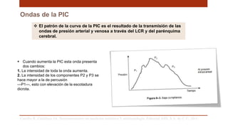 Ondas de la PIC
Carrillo R, Castelazo JA. Neuromonitoreo en medicina intensiva Y anestesiología. Editorial Alfil, S.A. de C.V; 2011. .
 El patrón de la curva de la PIC es el resultado de la transmisión de las
ondas de presión arterial y venosa a través del LCR y del parénquima
cerebral.
 Cuando aumenta la PIC esta onda presenta
dos cambios:
1. La intensidad de toda la onda aumenta.
2. La intensidad de los componentes P2 y P3 se
hace mayor a la de percusión
—P1—, esto con elevación de la escotadura
dicrota.
 