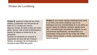 Ondas de Lundberg
Carrillo R, Castelazo JA. Neuromonitoreo en medicina intensiva Y anestesiología. Editorial Alfil, S.A. de C.V; 2011. .
Ondas B: aparecen antes de las ondas
plateau y presentan una frecuencia de
entre 0.5 y 2 ondas por minuto.
Algunas causas de estas ondas son dolor,
globo vesical, rotar el tubo endotraqueal y
aspirar la tráquea a través de él; se
presentan
también en pacientes en quienes la
respiración se hace del tipo Cheyne–
Stokes, en estados de somnolencia y
durante la fase REM del sueño.
Ondas C: son ondas rápidas (habitualmente entre
4 y 8 min) y de menor amplitud, que no se
distinguen por sus características si no se utiliza un
sensor capaz de detectar cambios rápidos de la
PIC y una adecuada velocidad de registro; no son
cínicamente significativas, corresponden a la
transmisión intracraneal de las ondas del reflejo
Traube–Hering–Mayer u ondas vasomotoras de la
tensión arterial
 