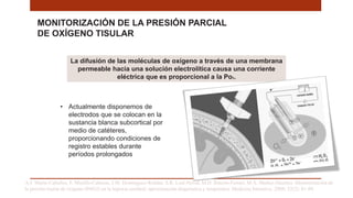 MONITORIZACIÓN DE LA PRESIÓN PARCIAL
DE OXÍGENO TISULAR
A.J. Marín-Caballos, F. Murillo-Cabezas, J.M. Domínguez-Roldan, S.R. Leal-Noval, M.D. Rincón-Ferrari, M.Á. Muñoz-Sánchez. Monitorización de
la presión tisular de oxígeno (PtiO2) en la hipoxia cerebral: aproximación diagnóstica y terapéutica. Medicina Intensiva. 2008; 32(2): 81-90.
La difusión de las moléculas de oxígeno a través de una membrana
permeable hacia una solución electrolítica causa una corriente
eléctrica que es proporcional a la Po2.
• Actualmente disponemos de
electrodos que se colocan en la
sustancia blanca subcortical por
medio de catéteres,
proporcionando condiciones de
registro estables durante
períodos prolongados
 