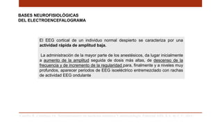 BASES NEUROFISIOLÓGICAS
DEL ELECTROENCEFALOGRAMA
Carrillo R, Castelazo JA. Neuromonitoreo en medicina intensiva Y anestesiología. Editorial Alfil, S.A. de C.V; 2011. .
El EEG cortical de un individuo normal despierto se caracteriza por una
actividad rápida de amplitud baja.
La administración de la mayor parte de los anestésicos, da lugar inicialmente
a aumento de la amplitud seguida de dosis más altas, de descenso de la
frecuencia y de incremento de la regularidad para, finalmente y a niveles muy
profundos, aparecer periodos de EEG isoeléctrico entremezclado con rachas
de actividad EEG ondulante
 