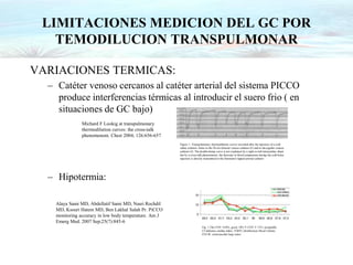 LIMITACIONES MEDICION DEL GC POR
TEMODILUCION TRANSPULMONAR
VARIACIONES TERMICAS:
– Catéter venoso cercanos al catéter arterial del sistema PICCO
produce interferencias térmicas al introducir el suero frio ( en
situaciones de GC bajo)
– Hipotermia:
Figure 1. Transpulmonary thermodilution curves recorded after the injection of a cold
saline solution bolus in the 20-cm femoral venous catheter (F) and in the jugular venous
catheter (J). The double-hump curve is not explained by a right-to-left intracardiac shunt
but by a cross-talk phenomenon: the decrease in blood temperature during the cold bolus
injection is directly transmitted to the thermistor-tipped arterial catheter
Michard F Lookig at transpulmonary
thermodilution curves: the cross-talk
phenomenom. Chest 2004; 126:656-657
Fig. 1 The COV: b10%, good; 10% V COV V 15%, acceptable.
CI indicates cardiac index; ITBVI, intrathoracic blood volume;
EVLW, extravascular lung water.
Alaya Sami MD, Abdellatif Sami MD, Nasri Rochdil
MD, Ksouri Hatem MD, Ben Lakhal Salah Pr. PiCCO
monitoring accuracy in low body temperature. Am J
Emerg Med. 2007 Sep;25(7):845-6
 