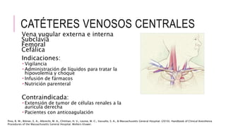 CATÉTERES VENOSOS CENTRALES
Vena yugular externa e interna
Subclavia
Femoral
Cefálica
Indicaciones:
 Vigilancia
 Administración de líquidos para tratar la
hipovolemia y choque
 Infusión de fármacos
 Nutrición parenteral
Contraindicada:
 Extensión de tumor de células renales a la
aurícula derecha
 Pacientes con anticoagulación
Pino, R. M., Bittner, E. A., Albrecht, M. A., Chitilian, H. V., Levine, W. C., Vassallo, S. A., & Massachusetts General Hospital. (2016). Handbook of Clinical Anesthesia
Procedures of the Massachusetts General Hospital. Wolters Kluwer.
 