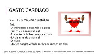 GASTO CARDIACO
GC= FC x Volumen sistólico
Bajo:
 Disminución o ausencia de pulso
 Piel fría y cianosis distal
 Aumento de la frecuencia cardiaca
 TA disminuida o normal
 Oliguria
 SO2 en sangre venosa mezclada menos de 40%
Pino, R. M., Bittner, E. A., Albrecht, M. A., Chitilian, H. V., Levine, W. C., Vassallo, S. A., & Massachusetts General Hospital. (2016). Handbook of Clinical Anesthesia
Procedures of the Massachusetts General Hospital. Wolters Kluwer.
 