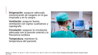 Oxigenación: asegurar adecuada
concentración de oxigeno en el gas
inspirado y en la sangre.
Ventilación: asegurar buena
ventilación con signos cualitativos y
capnógrafo
Circulación: asegurar la circulación
adecuada con la presión arterial y la
frecuencia cardiaca
Temperatura: mantener la
temperatura del paciente
Barash, P. G., Md, M. C. K., Md, B. C. F., Md, C. S. M., Md, R. S. K., Md, O. R., Md, S. S. R., & Holt, N. (2018). Anestesia clínica (Eighth, Spanish Language Program
ed.). LWW.
 