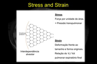 Stress and Strain
                                Stress
                                Força por unidade de área.
    Complacência e Pressão transpulmonar
                 = resistência




                               Strain
                               Deformação frente ao
                               tamanho e forma originais.
Interdependência
      alveolar                 Relação do VT/ Vol
               i-STAT® Criticalpulmonar expiratório final
                                Blood Analyzer
 