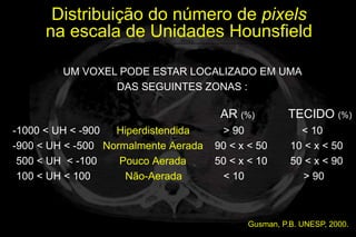 Distribuição do número de pixels
      na escala de Unidades Hounsfield

         UM VOXEL PODE ESTAR LOCALIZADO EM UMA
                 DAS SEGUINTES ZONAS :

                                       AR (%)        TECIDO (%)
-1000 < UH < -900  Hiperdistendida     > 90             < 10
-900 < UH < -500 Normalmente Aerada   90 < x < 50     10 < x < 50
-500 < UH < -100    Pouco Aerada      50 < x < 10     50 < x < 90
-100 < UH < 100      Não-Aerada        < 10             > 90



                                            Gusman, P.B. UNESP, 2000.
 