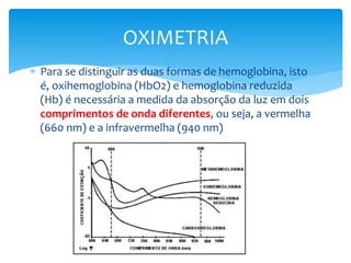  Para se distinguir as duas formas de hemoglobina, isto
é, oxihemoglobina (HbO2) e hemoglobina reduzida
(Hb) é necessária a medida da absorção da luz em dois
comprimentos de onda diferentes, ou seja, a vermelha
(660 nm) e a infravermelha (940 nm)
OXIMETRIA
 