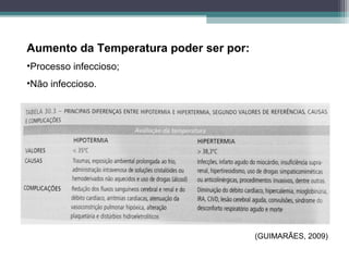 (GUIMARÃES, 2009)
Aumento da Temperatura poder ser por:
•Processo infeccioso;
•Não infeccioso.
 