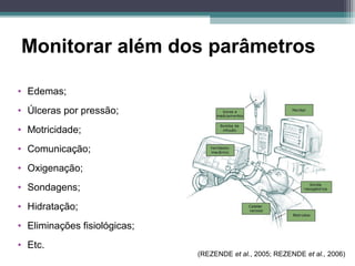 Monitorar além dos parâmetros
• Edemas;
• Úlceras por pressão;
• Motricidade;
• Comunicação;
• Oxigenação;
• Sondagens;
• Hidratação;
• Eliminações fisiológicas;
• Etc.
(REZENDE et al., 2005; REZENDE et al., 2006)
 