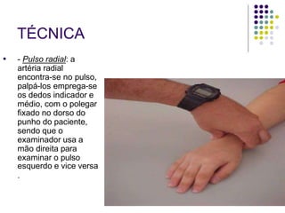 TÉCNICA
● - Pulso radial: a
artéria radial
encontra-se no pulso,
palpá-los emprega-se
os dedos indicador e
médio, com o polegar
fixado no dorso do
punho do paciente,
sendo que o
examinador usa a
mão direita para
examinar o pulso
esquerdo e vice versa
.
 
