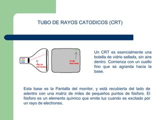 TUBO DE RAYOS CATODICOS (CRT) 
Un CRT es esencialmente una 
botella de vidrio sellada, sin aire 
dentro. Comienza con un cuello 
fino que se agranda hacia la 
base. 
Esta base es la Pantalla del monitor, y está recubierta del lado de 
adentro con una matriz de miles de pequeños puntos de fósforo. El 
fósforo es un elemento químico que emite luz cuando es excitado por 
un rayo de electrones. 
 