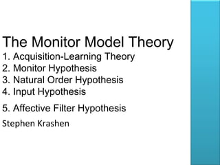 The Monitor Model Theory
1. Acquisition-Learning Theory
2. Monitor Hypothesis
3. Natural Order Hypothesis
4. Input Hypothesis
5. Affective Filter Hypothesis
Stephen Krashen
 