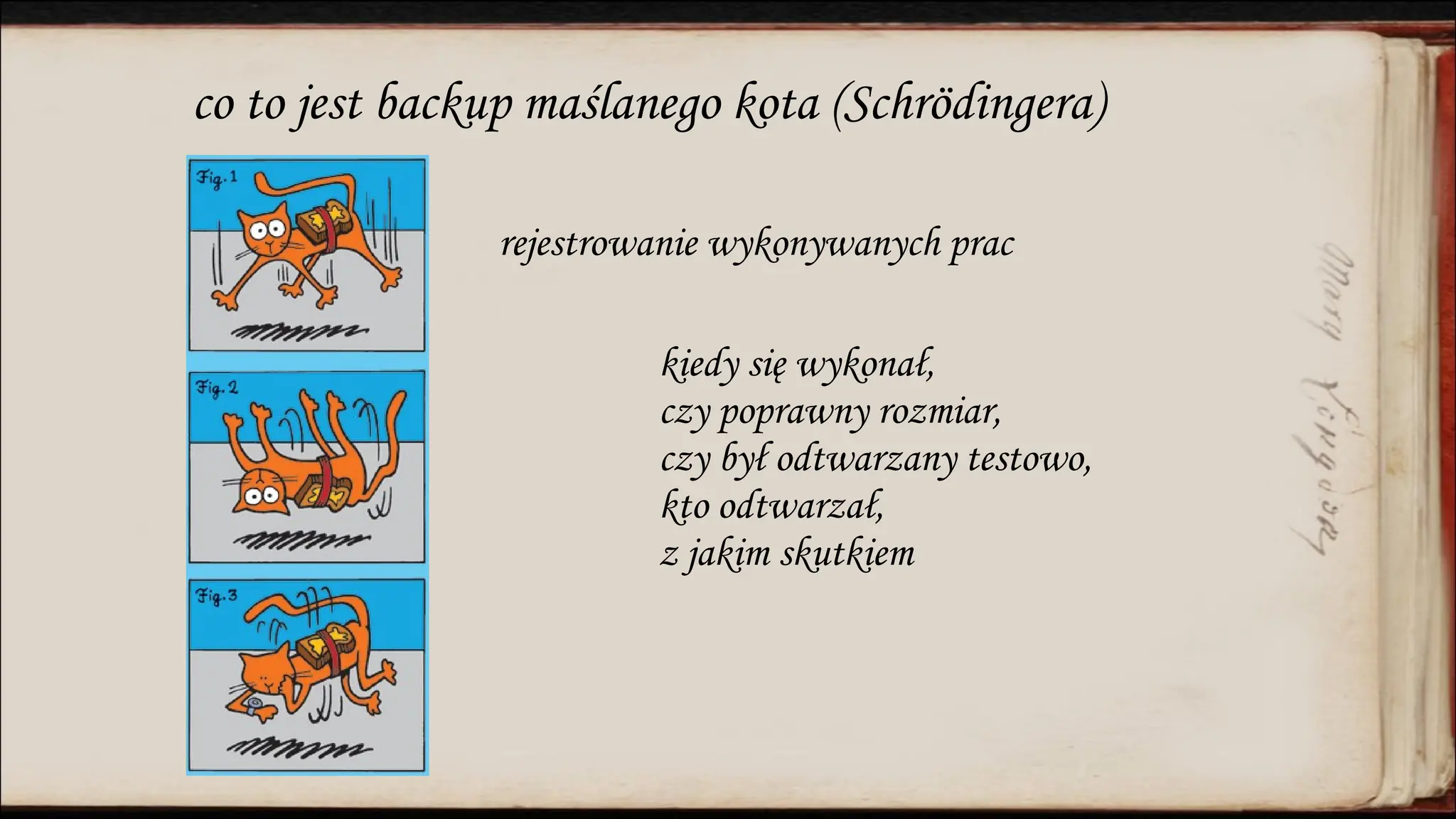 co to jest backup maślanego kota (Schrödingera)
kiedy się wykonał,
czy poprawny rozmiar,
czy był odtwarzany testowo,
kto odtwarzał,
z jakim skutkiem
rejestrowanie wykonywanych prac
 