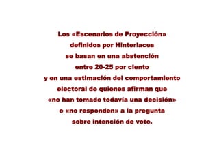 Los «Escenarios de Proyección»
       definidos por Hinterlaces
      se basan en una abstención
        entre 20-25 por ciento
y en una estimación del comportamiento
   electoral de quienes afirman que
 «no han tomado todavía una decisión»
    o «no responden» a la pregunta
       sobre intención de voto.
 