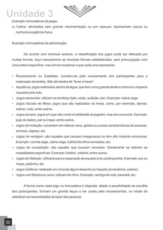 Unidade 3
Exemplo: brincadeiras de pegar.
c) Calma: atividades sem grande movimentação ou em repouso. Apresentam pouca ou
nenhuma exigência física.
Exemplo: brincadeiras de adivinhação.
De acordo com diversos autores, a classificação dos jogos pode ser efetuada por
muitas formas. Aqui colocaremos as diversas formas estabelecidas, sem preocupação com
uma ordem específica, mas sim em explanar o que cada uma representa.
 Revezamento ou Estafetas: constitui-se pelo revezamento dos participantes para a

realização de tarefas. São atividades de “levar e trazer”.
 Aquáticos: jogos realizados dentro da água, que tem como grande atrativo diminuir o impacto

causado pelo solo.
 Jogos sensoriais: utilizam os sentidos (tato, visão, audição, etc). Exemplo: cabra-cega.
 Jogos Sociais de Mesa: jogos que são realizados na mesa, como, por exemplo, damas,

xadrez, ludo, entre outros.
 Jogos de azar: jogos em que não conta a habilidade do jogador, mas sim sua sorte. Exemplo:

jogo de dados, par ou ímpar, entre outros.
 Jogos de imitação: consistem em efetuar sons, gestos ou outras características de pessoas,

animais, objetos, etc.
 Jogos de vertigem: são aqueles que causam insegurança ou tem alto impacto emocional.

Exemplo: corrida cega, cabra-cega, futebol de olhos vendados, etc.
 Jogos de competição: são aqueles que buscam vencedor. Geralmente se referem as

modalidades esportivas. Exemplo: futebol, voleibol, entre outros.
 Jogos de Seleção: utilizada para a separação de equipes e/ou participantes. Exemplo: par ou

ímpar, palitinho, etc.
 Jogos Gráficos: realizado em cima de algum desenho ou traçado (amarelinha, xadrez).
 Jogos com Música ou sons: utilizam do ritmo. Exemplo: cantiga de roda, karaokê, etc.

A forma como cada jogo ou brincadeira é disposto, aliado a possibilidade de escolha
dos participantes, formam um grande leque a ser usado pelo recreacionista, no intuito de
satisfazer as necessidades de lazer das pessoas.

32

 