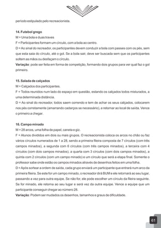 período estipulado pelo recreacionista.
14. Futebol grego
M = Uma bola e duas traves
F = Participantes formam um círculo, com a bola ao centro.
D = Ao sinal do recreador, os participantes devem conduzir a bola com passes com os pés, sem
que esta saia do círculo, até o gol. Se a bola sair, deve ser buscada sem que os participantes
soltem as mãos ou desfaçam o círculo.
Variação: pode ser feita em forma de competição, formando dois grupos para ver qual faz o gol
primeiro.
15. Salada de calçados
M = Calçados dos participantes.
F = Todos reunidos num lado do espaço em questão, estando os calçados todos misturados, a
uma determinada distância.
D = Ao sinal do recreador, todos saem correndo e tem de achar os seus calçados, colocarem
nos pés corretamente (amarrando cadarços se necessário), e retornar ao local de saída. Vence
o primeiro a chegar.
16. Campo minado
M = 28 arcos, uma folha de papel, caneta e giz.
F = Alunos divididos em dois ou mais grupos. O recreacionista coloca os arcos no chão ou faz
vários círculos numerados de 1 a 28, sendo a primeira fileira composta de 7 círculos (com três
campos minados), a segunda com 6 círculos (com três campos minados), a terceira com 4
círculos (com dois campos minados), a quarta com 3 círculos (com dois campos minados), a
quinta com 2 círculos (com um campo minado) e um círculo que será a etapa final. Somente o
professor sabe onde estão os campos minados através de desenhos feitos em uma folha.
D = Após sortear a ordem de saída, cada grupo enviará um participante que entrará num arco da
primeira fileira. Se este for um campo minado, o recreador dirá BUM e ele retornará ao seu lugar,
passando a vez para outra equipe. Se não for, ele pode escolher um círculo da fileira seguinte.
Se for minado, ele retorna ao seu lugar e será vez da outra equipe. Vence a equipe que um
participante conseguir chegar ao número 28.
Variação: Podem ser mudados os desenhos, tamanhos e graus de dificuldade.

61

 