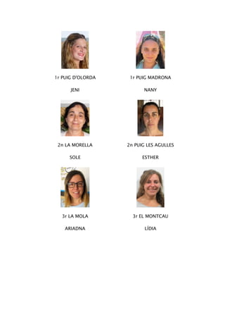 1r PUIG D'OLORDA
JENI
1r PUIG MADRONA
NANY
2n LA MORELLA
SOLE
2n PUIG LES AGULLES
ESTHER
3r LA MOLA
ARIADNA
3r EL MONTCAU
LÍDIA
 