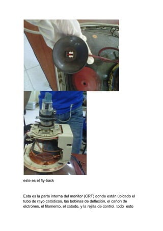 este es el fly-back



Esta es la parte interna del monitor (CRT) donde están ubicado el
tubo de rayo catódicos, las bobinas de deflexión, el cañon de
elctrones, el filamento, el catodo, y la rejilla de control. todo esto
 