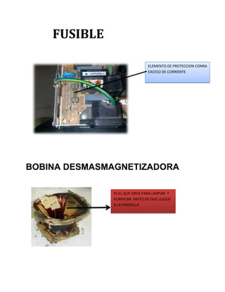 FUSIBLE

                                ELEMENTO DE PROTECCION CONRA
                                EXCESO DE CORRIENTE




BOBINA DESMASMAGNETIZADORA

              ES EL QUE SIRVE PARA LIMPIAR Y
              PURIFICAR ANTES DE QUE LLEGUE
              A LA PANTALLA
 