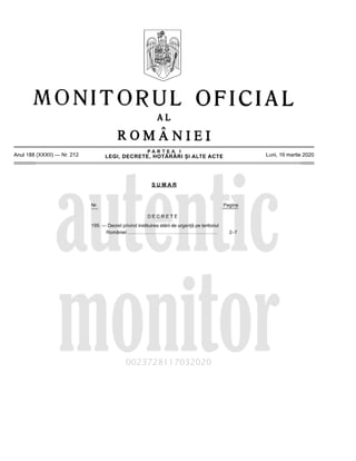 Monitorul oficial nr. 212 - Decret privind instituirea stării de urgență pe teritoriul României