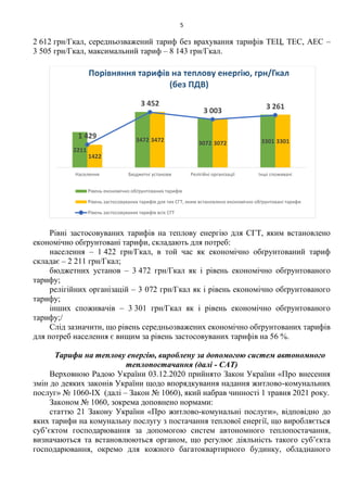 5
2 612 грн/Гкал, середньозважений тариф без врахування тарифів ТЕЦ, ТЕС, АЕС –
3 505 грн/Гкал, максимальний тариф – 8 143 грн/Гкал.
Рівні застосовуваних тарифів на теплову енергію для СГТ, яким встановлено
економічно обґрунтовані тарифи, складають для потреб:
населення – 1 422 грн/Гкал, в той час як економічно обґрунтований тариф
складає – 2 211 грн/Гкал;
бюджетних установ – 3 472 грн/Гкал як і рівень економічно обґрунтованого
тарифу;
релігійних організацій – 3 072 грн/Гкал як і рівень економічно обґрунтованого
тарифу;
інших споживачів – 3 301 грн/Гкал як і рівень економічно обґрунтованого
тарифу;/
Слід зазначити, що рівень середньозважених економічно обґрунтованих тарифів
для потреб населення є вищим за рівень застосовуваних тарифів на 56 %.
Тарифи на теплову енергію, вироблену за допомогою систем автономного
теплопостачання (далі - САТ)
Верховною Радою України 03.12.2020 прийнято Закон України «Про внесення
змін до деяких законів України щодо впорядкування надання житлово-комунальних
послуг» № 1060-IX (далі – Закон № 1060), який набрав чинності 1 травня 2021 року.
Законом № 1060, зокрема доповнено нормами:
статтю 21 Закону України «Про житлово-комунальні послуги», відповідно до
яких тарифи на комунальну послугу з постачання теплової енергії, що виробляється
суб’єктом господарювання за допомогою систем автономного теплопостачання,
визначаються та встановлюються органом, що регулює діяльність такого суб’єкта
господарювання, окремо для кожного багатоквартирного будинку, обладнаного
2211
3472 3072 3301
1422
3472 3072 3301
1 429
3 452
3 003
3 261
Населення Бюджетні установи Релігійні організації Інші споживачі
Порівняння тарифів на теплову енергію, грн/Гкал
(без ПДВ)
Рівень економічно обґрунтованих тарифів
Рівень застосовуваних тарифів для тих СГТ, яким встановлено економічно обґрунтовані тарифи
Рівень застосовуваних тарифів всіх СГТ
 